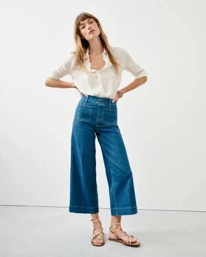 SPANX EveryWear Cropped Wide Leg Patch Pocket Pull On Jeans Blue Size L